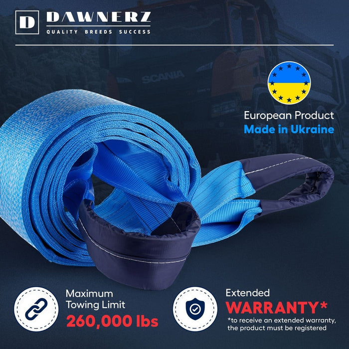 Dawnerz 260,000 lb 30 ft towing strap MBS and Warranty infographic