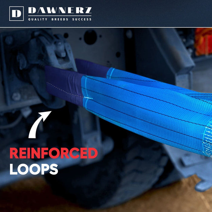 Dawnerz 260,000 lb 30 ft towing strap reinforced loop eyes infographic