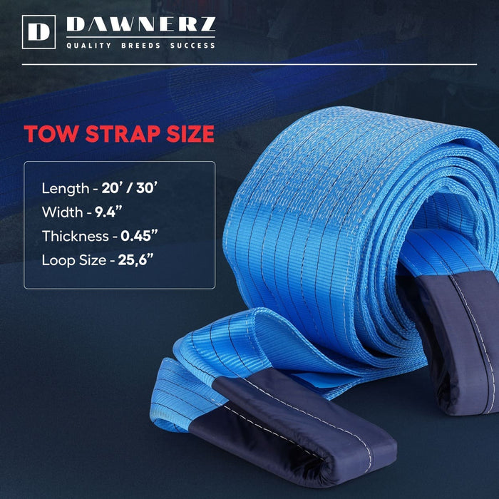Dawnerz 260,000 lb 30 ft towing strap dimensions infographic