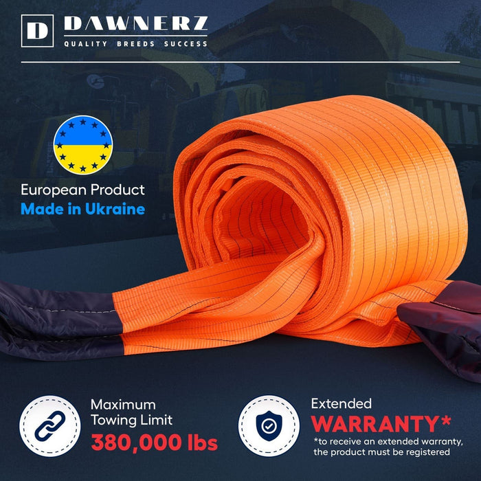 Dawnerz 380,000 lb 20 ft tow strap MBS and Warranty infographic
