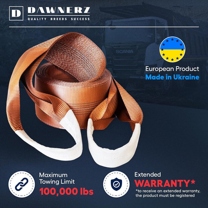 Dawnerz 100000 lb tow strap - MBS and Warranty Infographic