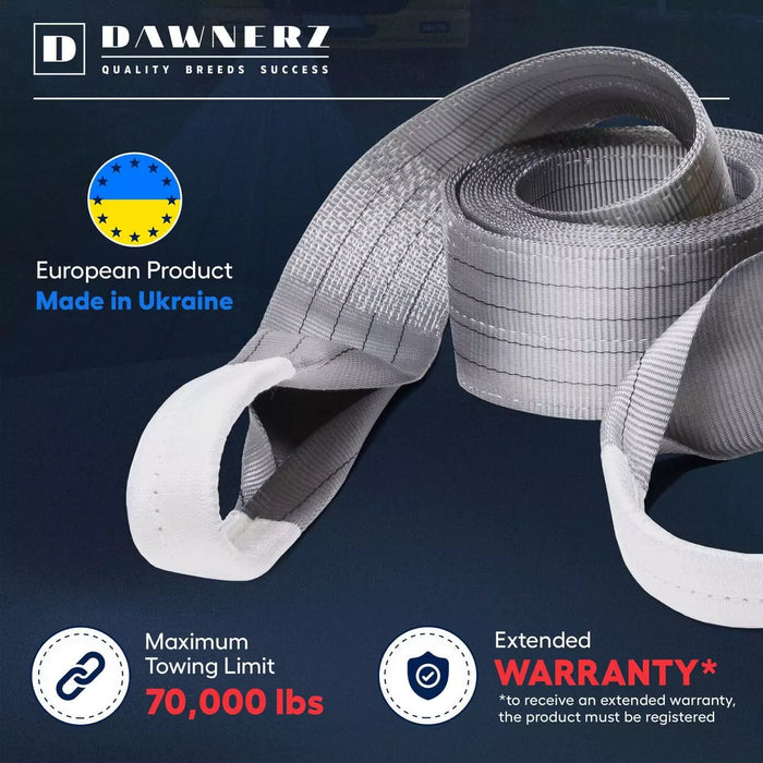 dawnerz 70000 lb 30 ft recovery tow strap infographic