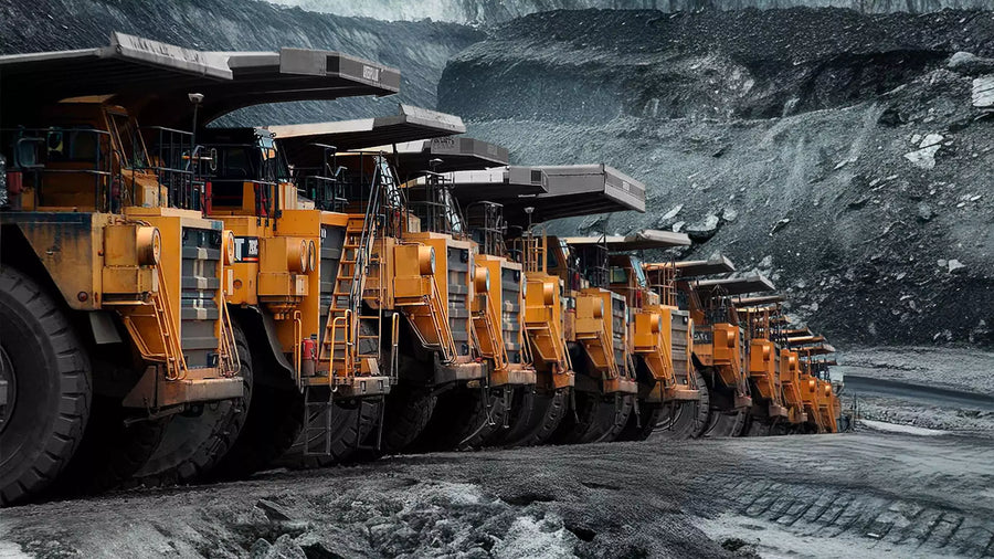 A Row of Mining Haul Trucks in a Quarry